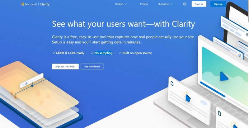 無料ヒートマップツールMicrosoft Clarityのサービスページ