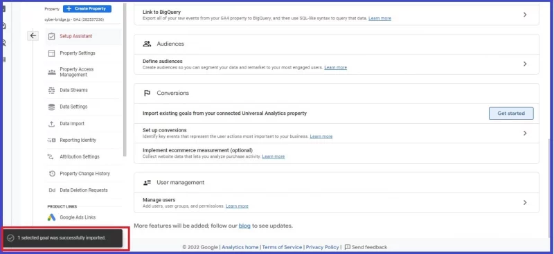 confirmation message view after goals migration from universal analytics to google analytics 4