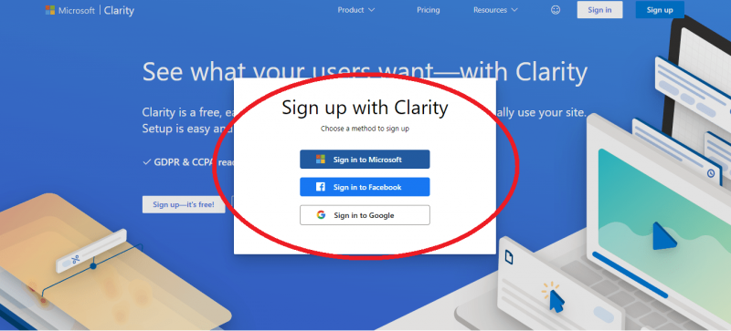 MicrosoftClarityの設定では、サインアップはOAuth認証が可能です