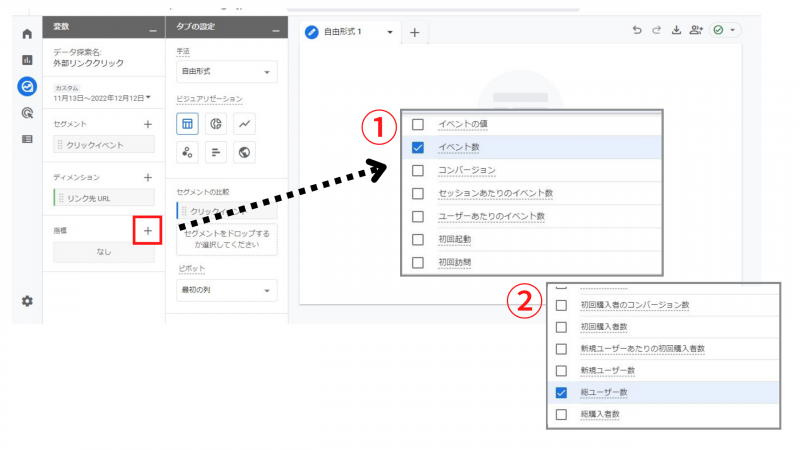 指標の設定はイベント数と総ユーザー数を選択